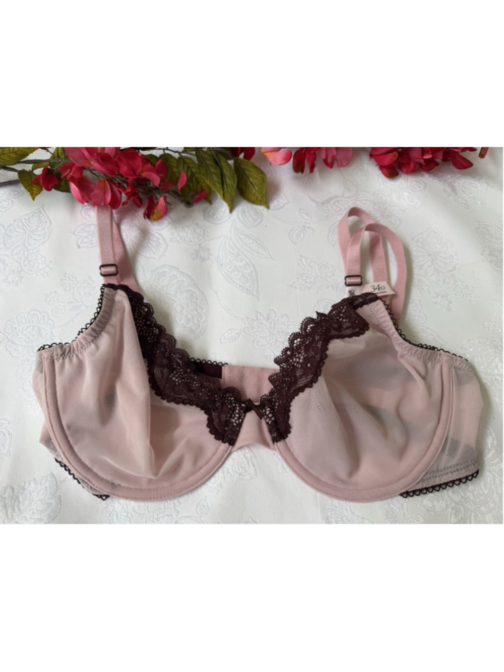 Victoria's Secret Tease Sheer Mesh Unlined Demi Bra Pink Plum Brown Lace 34D NWT
